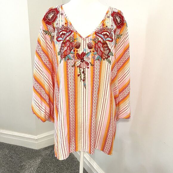Savanna Jane Tops - Savanna Jane Embroidered Kimono Top Size 1X/2X Artsy Striped Colorful Boho